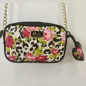 Luv Betsey by Betsey Johnson Black Pink Leopard Floral Print Crossbody Bag, NWOT